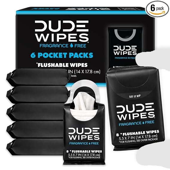 DUDE unscented pocket wipes, six packs of eight