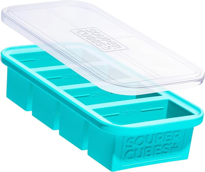 Aqua Souper Cubes freezer tray with four one-cup compartments and a clear lid