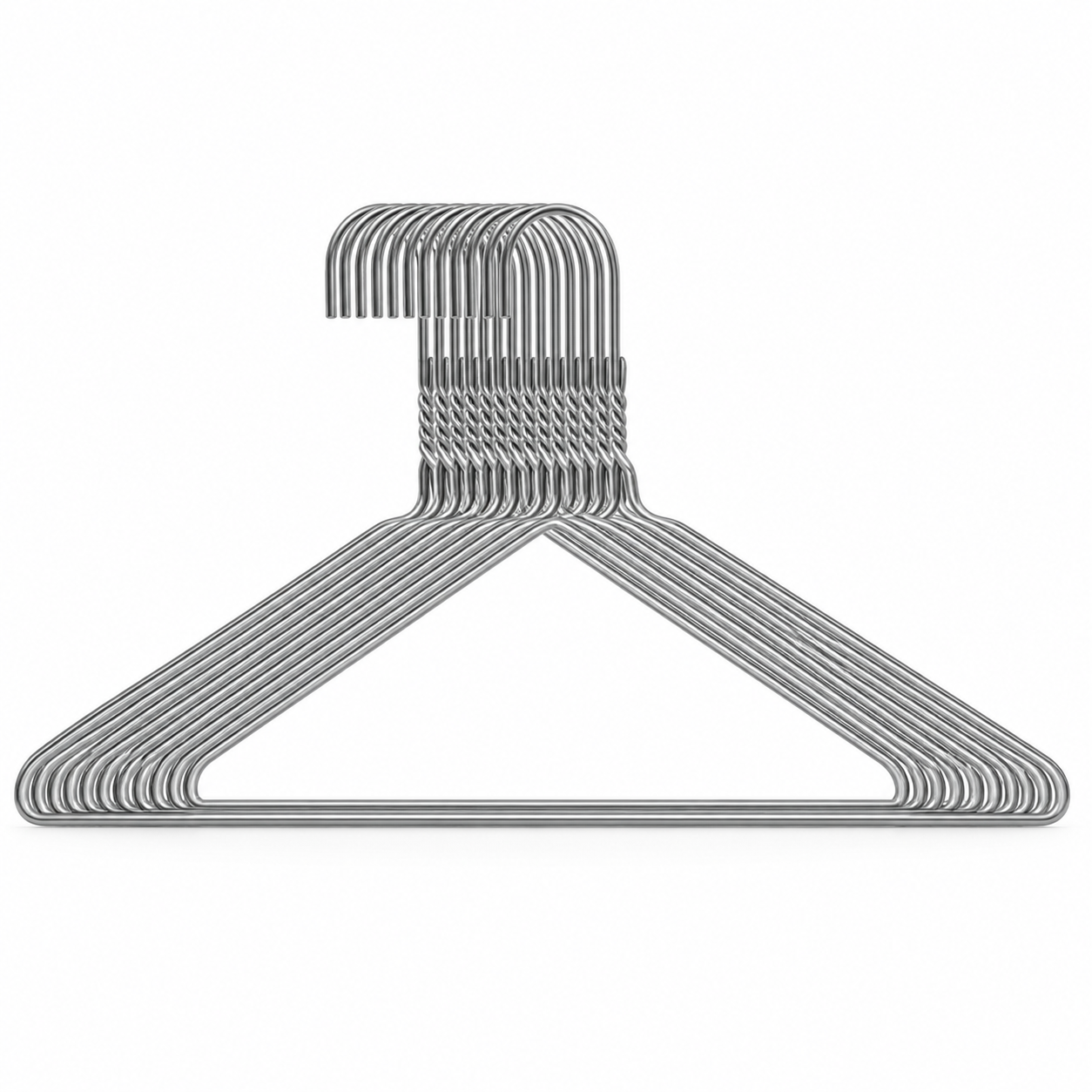 Neatly aligned silver wire hangers, viewed straight on